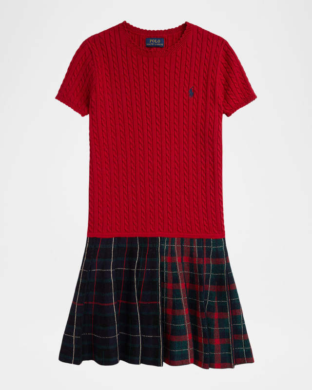Girl's Plaid-Skirt Cotton Sweater Dress, Size S-XL